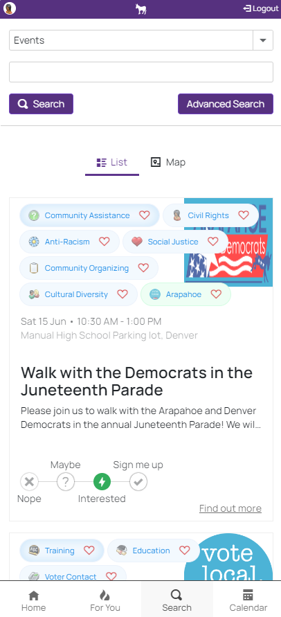 Search view of upcoming events
